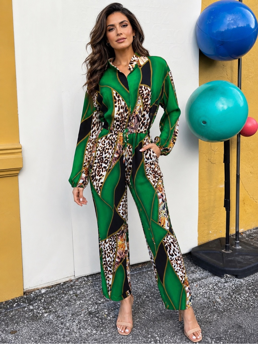 SHEIN Green and Black Leopard Print Dress with Brown Accents
